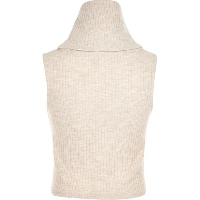 Girls beige rib cowl neck knitted top
